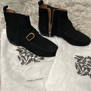 Isabel Marant Black Suede boots with gold buckle.